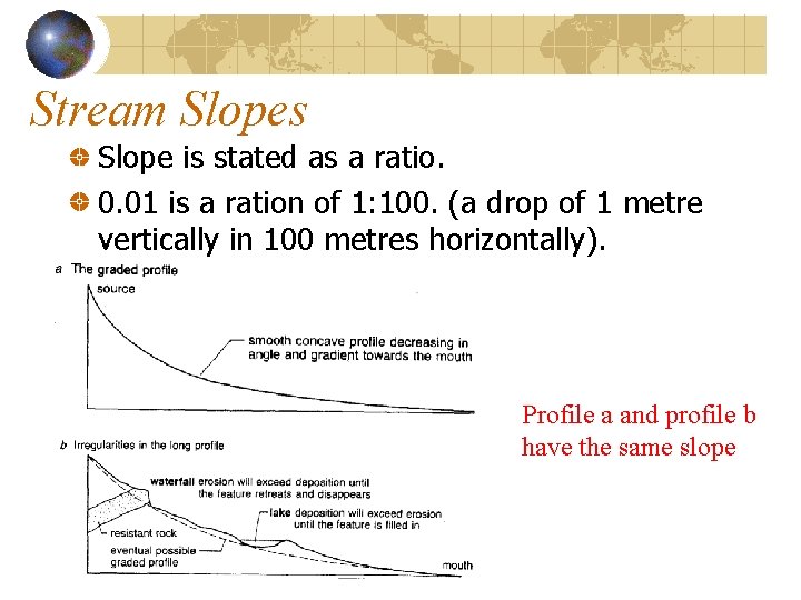 Stream Slopes Slope is stated as a ratio. 0. 01 is a ration of Stream Slopes Slope is stated as a ratio. 0. 01 is a ration of