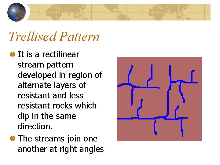 Trellised Pattern It is a rectilinear stream pattern developed in region of alternate layers Trellised Pattern It is a rectilinear stream pattern developed in region of alternate layers