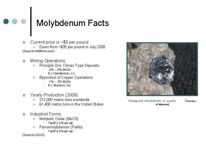 Molybdenum Facts ¢ Current price is ~$9 per pound l Down from ~$35 per