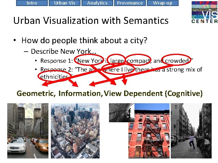 Intro Urban Vis Analytics Provenance Wrap-up Urban Visualization with Semantics • How do people