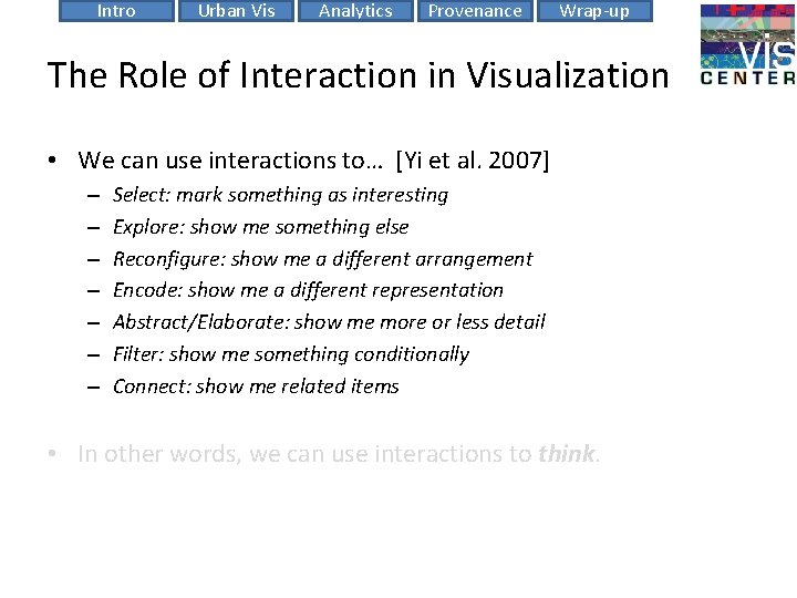 Intro Urban Vis Analytics Provenance Wrap-up The Role of Interaction in Visualization • We