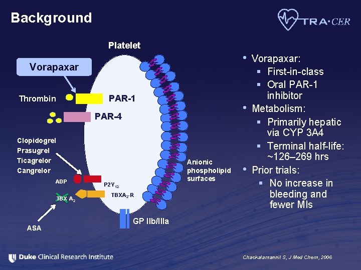 Background Platelet • Vorapaxar PAR-1 Thrombin • PAR-4 Clopidogrel Prasugrel Ticagrelor Cangrelor ADP TBX