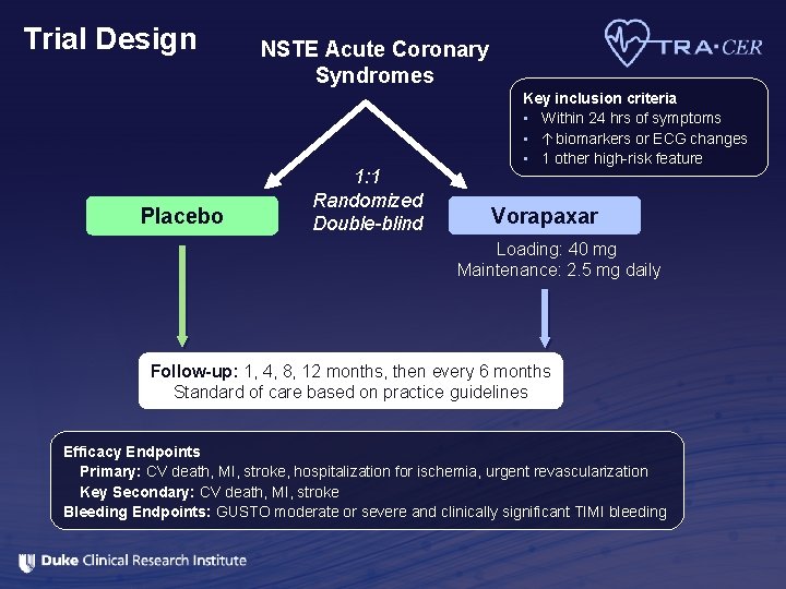 Trial Design Placebo NSTE Acute Coronary Syndromes 1: 1 Randomized Double-blind Key inclusion criteria