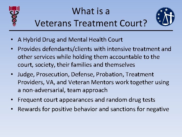 What is a Veterans Treatment Court? • A Hybrid Drug and Mental Health Court