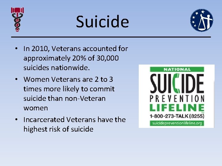 Suicide • In 2010, Veterans accounted for approximately 20% of 30, 000 suicides nationwide.