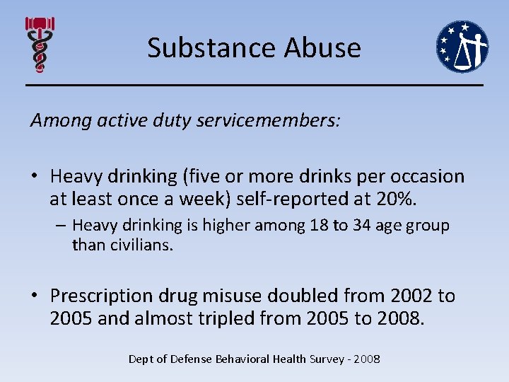 Substance Abuse Among active duty servicemembers: • Heavy drinking (five or more drinks per