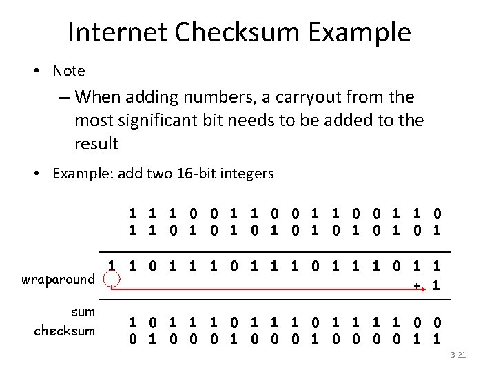 Internet Checksum Example • Note – When adding numbers, a carryout from the most