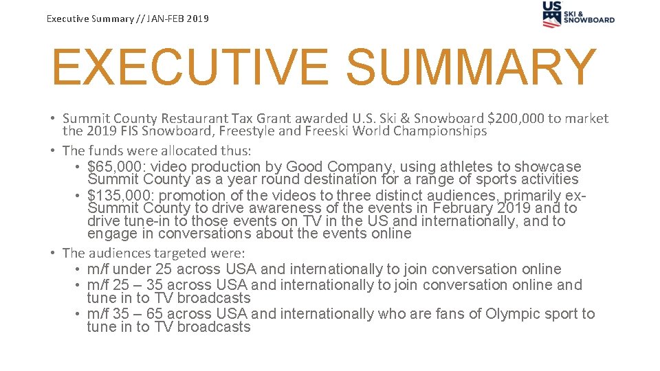 Executive Summary // JAN-FEB 2019 EXECUTIVE SUMMARY • Summit County Restaurant Tax Grant awarded Executive Summary // JAN-FEB 2019 EXECUTIVE SUMMARY • Summit County Restaurant Tax Grant awarded