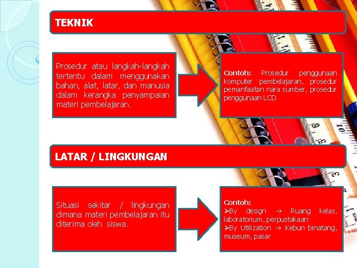 TEKNIK Prosedur atau langkah-langkah tertentu dalam menggunakan bahan, alat, latar, dan manusia dalam kerangka