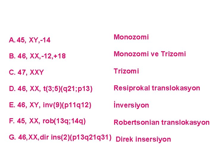 A. 45, XY, -14 Monozomi B. 46, XX, -12, +18 Monozomi ve Trizomi C.