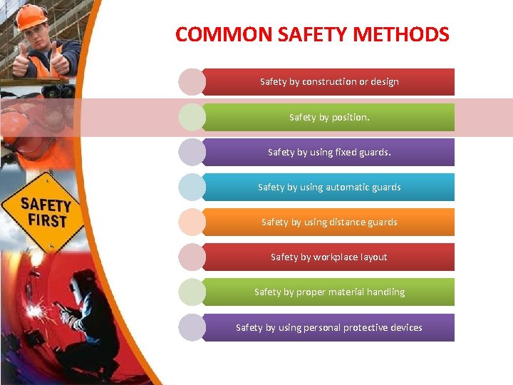 COMMON SAFETY METHODS Safety by construction or design Safety by position. Safety by using