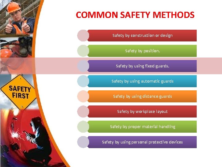 COMMON SAFETY METHODS Safety by construction or design Safety by position. Safety by using