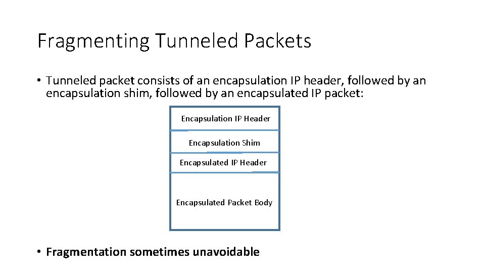 Fragmenting Tunneled Packets • Tunneled packet consists of an encapsulation IP header, followed by