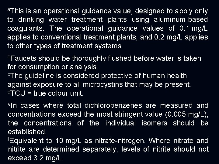 a. This is an operational guidance value, designed to apply only to drinking water