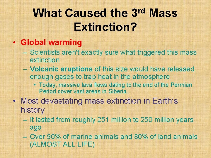 What Caused the 3 rd Mass Extinction? • Global warming – Scientists aren't exactly