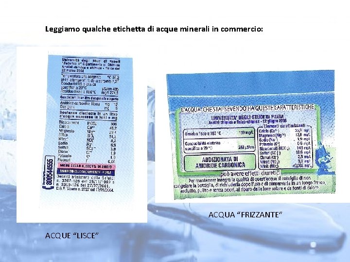 Leggiamo qualche etichetta di acque minerali in commercio: ACQUA “FRIZZANTE” ACQUE “LISCE” 