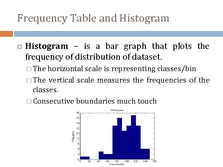Frequency Table and Histogram – is a bar graph that plots the frequency of