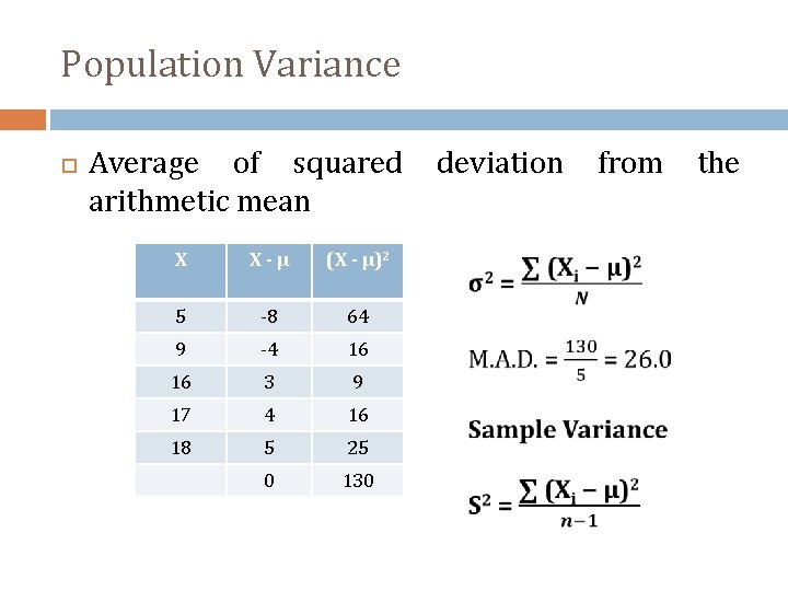 Population Variance Average of squared arithmetic mean X X-µ (X - µ)2 5 -8