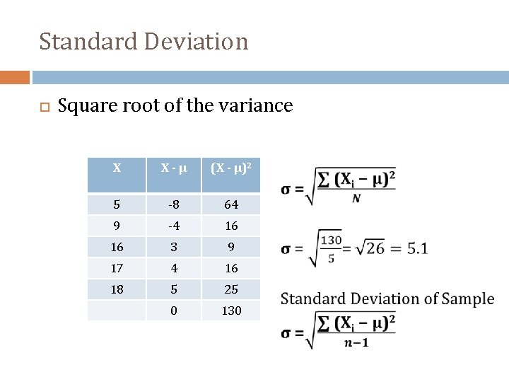 Standard Deviation Square root of the variance X X-µ (X - µ)2 5 -8