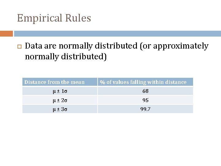 Empirical Rules Data are normally distributed (or approximately normally distributed) Distance from the mean