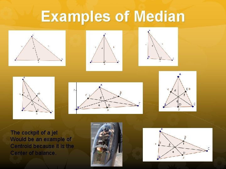 Examples of Median The cockpit of a jet Would be an example of Centroid