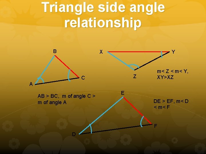 Triangle side angle relationship B X Y Z C m< Z < m< Y,
