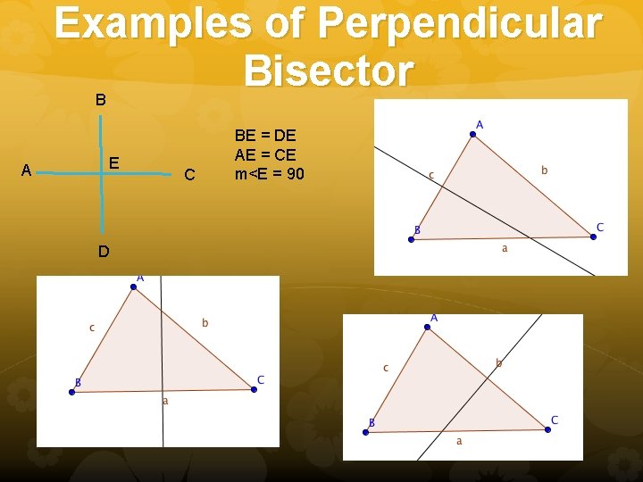 Examples of Perpendicular Bisector B A E D C BE = DE AE =