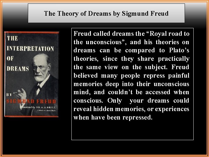 The Theory of Dreams by Sigmund Freud called dreams the “Royal road to the