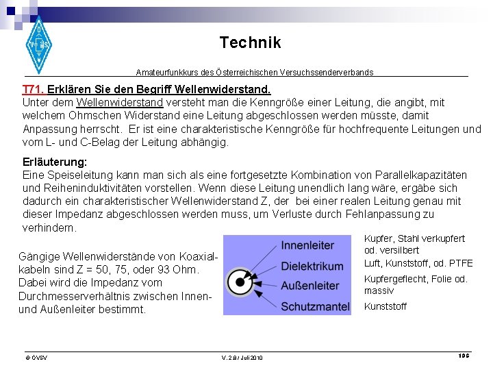 Technik Amateurfunkkurs des Österreichischen Versuchssenderverbands T 71. Erklären Sie den Begriff Wellenwiderstand. Unter dem