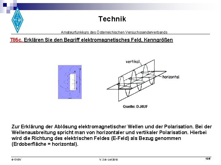 Technik Amateurfunkkurs des Österreichischen Versuchssenderverbands T 85 c. Erklären Sie den Begriff elektromagnetisches Feld,