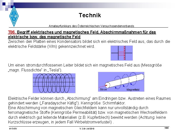 Technik Amateurfunkkurs des Österreichischen Versuchssenderverbands T 86. Begriff elektrisches und magnetisches Feld, Abschirmmaßnahmen für
