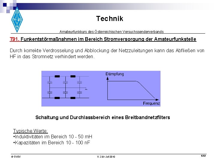 Technik Amateurfunkkurs des Österreichischen Versuchssenderverbands T 91. Funkentstörmaßnahmen im Bereich Stromversorgung der Amateurfunkstelle Durch