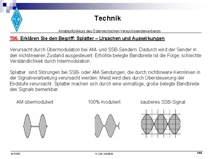 Technik Amateurfunkkurs des Österreichischen Versuchssenderverbands T 95. Erklären Sie den Begriff: Splatter – Ursachen