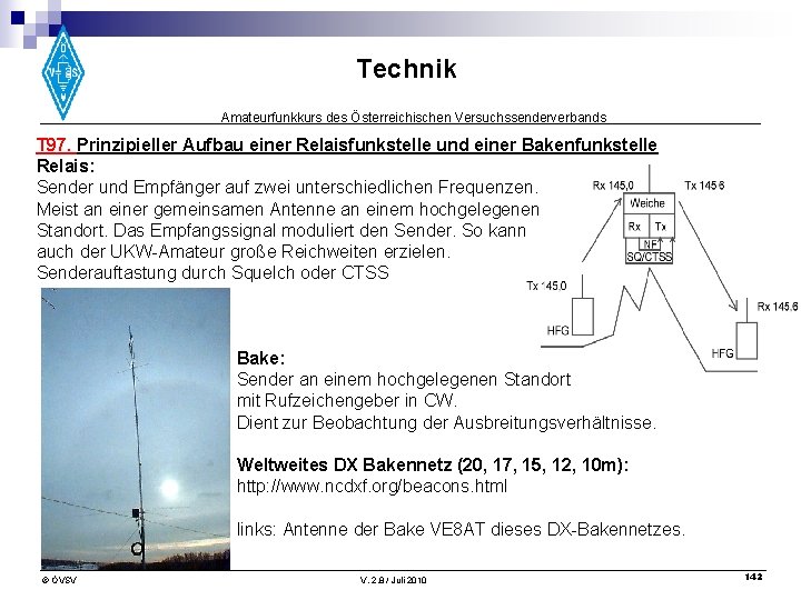 Technik Amateurfunkkurs des Österreichischen Versuchssenderverbands T 97. Prinzipieller Aufbau einer Relaisfunkstelle und einer Bakenfunkstelle