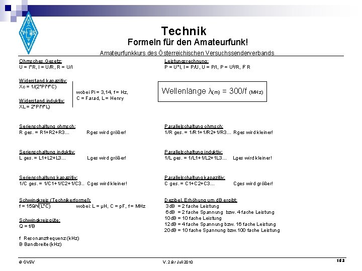 Technik Formeln für den Amateurfunk! Amateurfunkkurs des Österreichischen Versuchssenderverbands Ohmsches Gesetz: U = I*R,