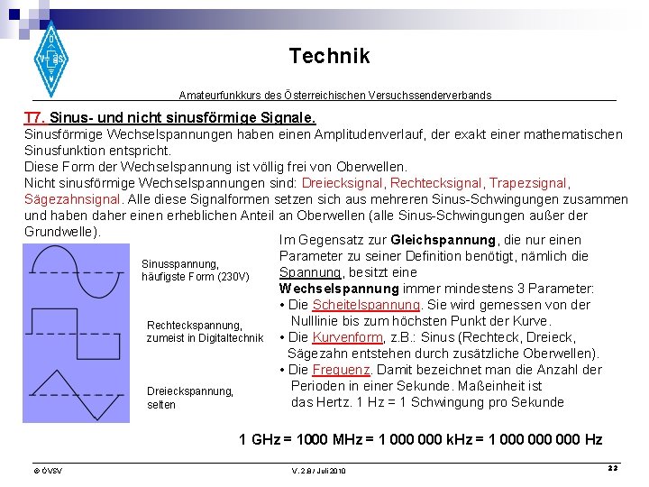 Technik Amateurfunkkurs des Österreichischen Versuchssenderverbands T 7. Sinus- und nicht sinusförmige Signale. Sinusförmige Wechselspannungen