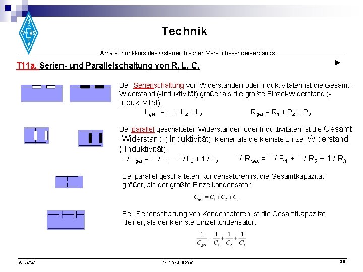 Technik Amateurfunkkurs des Österreichischen Versuchssenderverbands T 11 a. Serien- und Parallelschaltung von R, L,