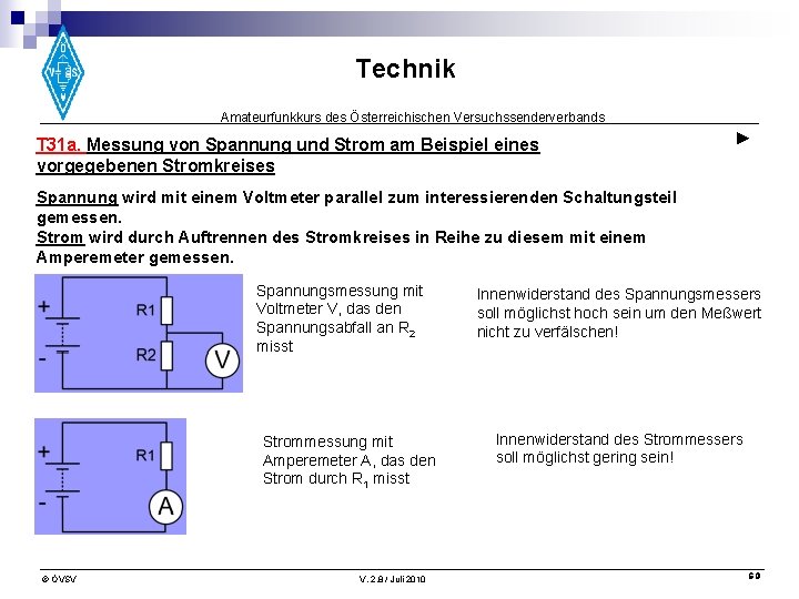 Technik Amateurfunkkurs des Österreichischen Versuchssenderverbands T 31 a. Messung von Spannung und Strom am