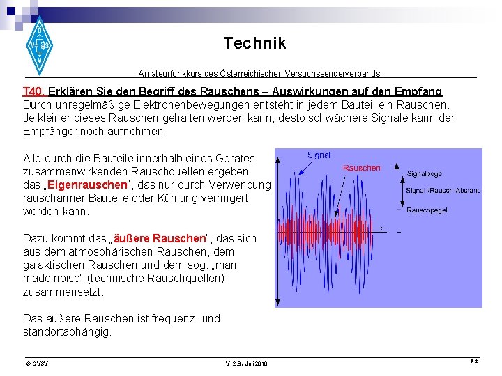 Technik Amateurfunkkurs des Österreichischen Versuchssenderverbands T 40. Erklären Sie den Begriff des Rauschens –