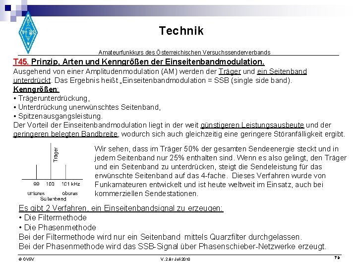 Technik Amateurfunkkurs des Österreichischen Versuchssenderverbands T 45. Prinzip, Arten und Kenngrößen der Einseitenbandmodulation. Ausgehend