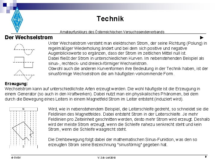 Technik Amateurfunkkurs des Österreichischen Versuchssenderverbands Der Wechselstrom ► Unter Wechselstrom versteht man elektrischen Strom,