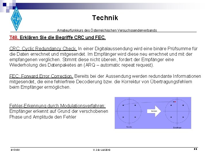 Technik Amateurfunkkurs des Österreichischen Versuchssenderverbands T 48. Erklären Sie die Begriffe CRC und FEC.