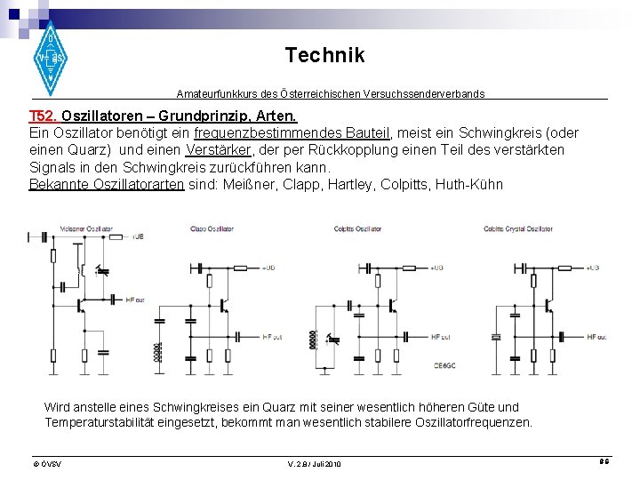 Technik Amateurfunkkurs des Österreichischen Versuchssenderverbands T 52. Oszillatoren – Grundprinzip, Arten. Ein Oszillator benötigt