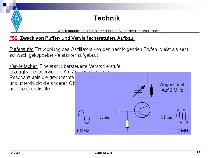 Technik Amateurfunkkurs des Österreichischen Versuchssenderverbands T 58. Zweck von Puffer- und Vervielfacherstufen, Aufbau. Pufferstufe: