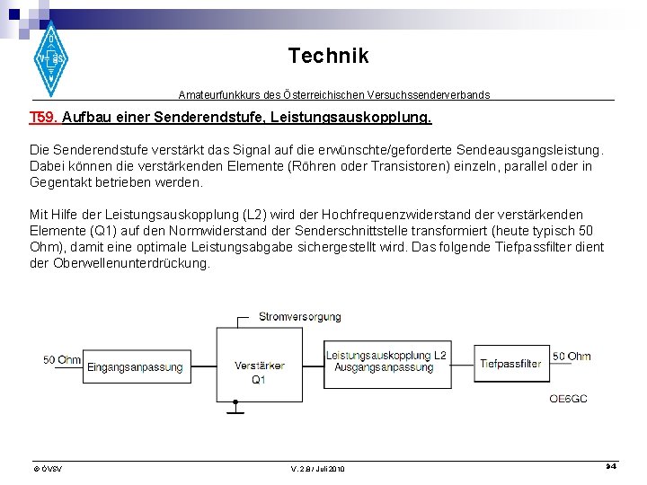 Technik Amateurfunkkurs des Österreichischen Versuchssenderverbands T 59. Aufbau einer Senderendstufe, Leistungsauskopplung. Die Senderendstufe verstärkt