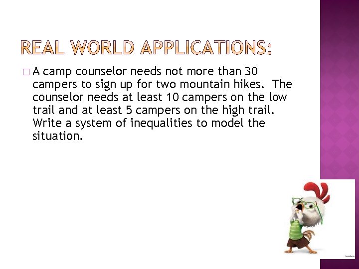 �A camp counselor needs not more than 30 campers to sign up for two �A camp counselor needs not more than 30 campers to sign up for two