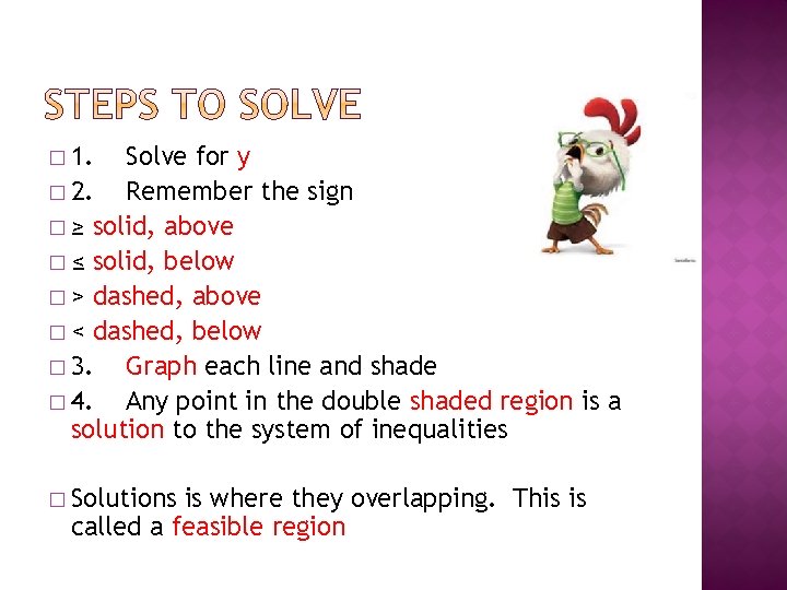 � 1. Solve for y � 2. Remember the sign � ≥ solid, above