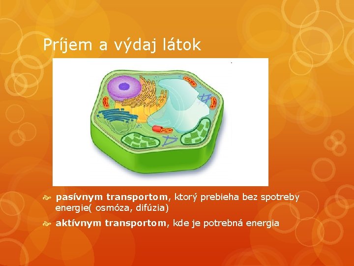 Príjem a výdaj látok pasívnym transportom, ktorý prebieha bez spotreby energie( osmóza, difúzia) aktívnym