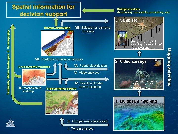 Spatial information for decision support Biological values (Biodiversity, vulnerability, productivity, etc) 3. Sampling VIII.
