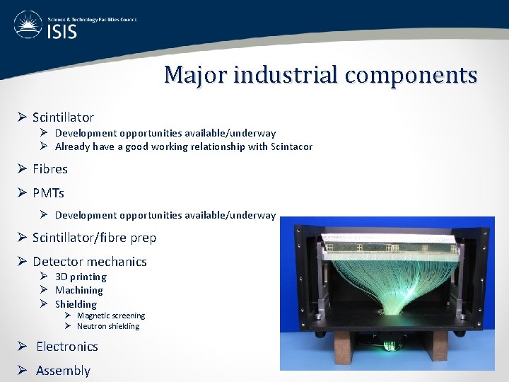 Major industrial components Ø Scintillator Ø Development opportunities available/underway Ø Already have a good